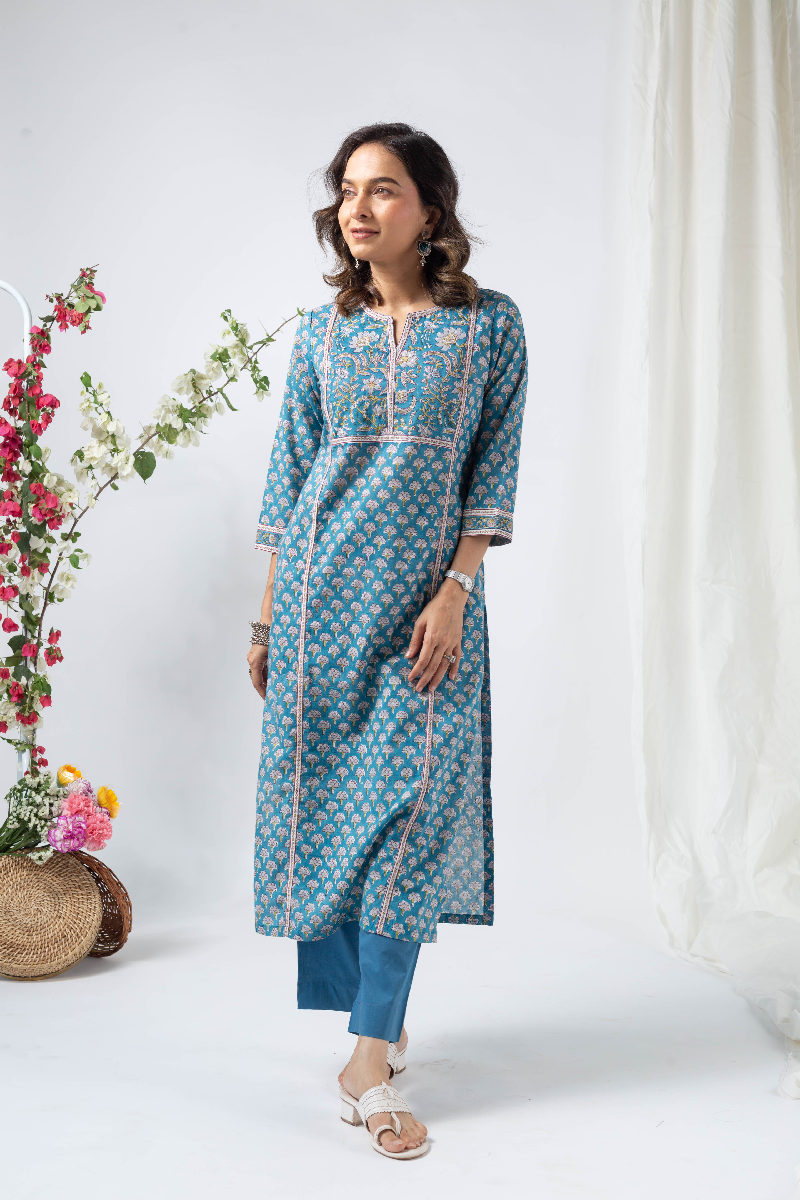 Image for Kusvaa Wkr119 Dyuthi Cotton Blockprint Kurta Neck