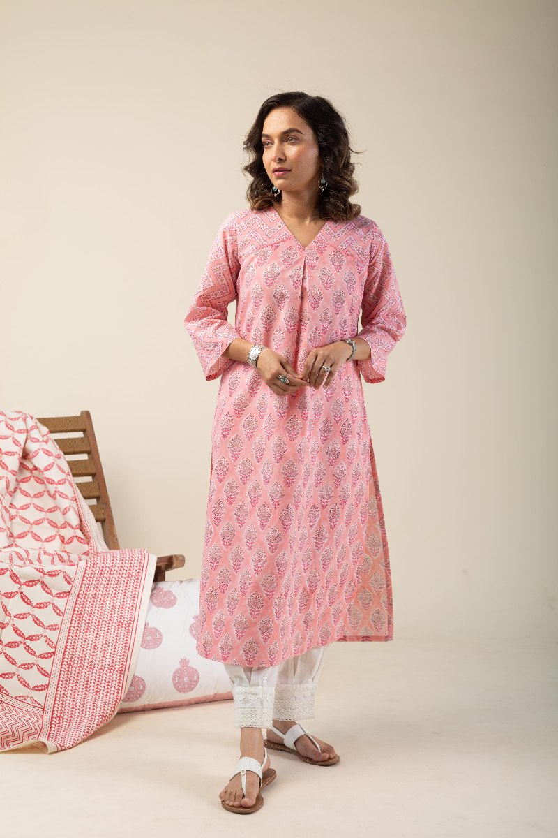 Image for Kusvaa Wkr132 Baishali Cotton Handblock Print Kurta Pocket