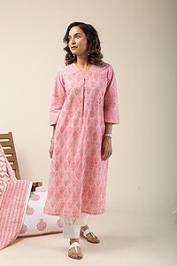 Image for Kusvaa Wkr132 Baishali Cotton Handblock Print Kurta Side