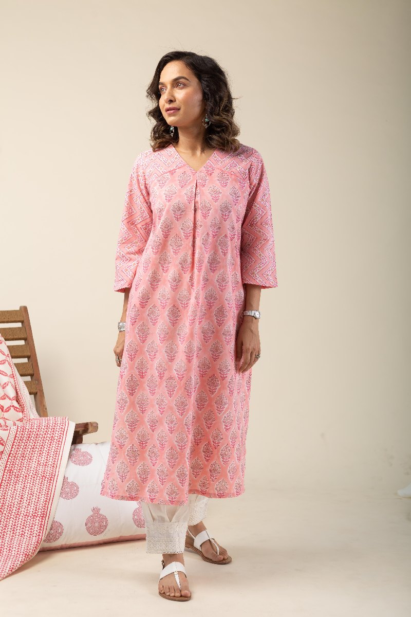 Image for Kusvaa Wkr132 Baishali Cotton Handblock Print Kurta Side