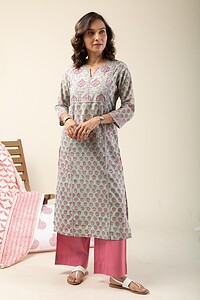 Image for Kusvaa Wkr133 Amara Cotton Handblock Kurta Sleeves