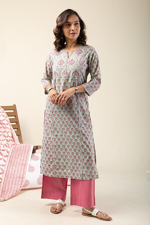 Image for Kusvaa Wkr133 Amara Cotton Handblock Kurta Sleeves
