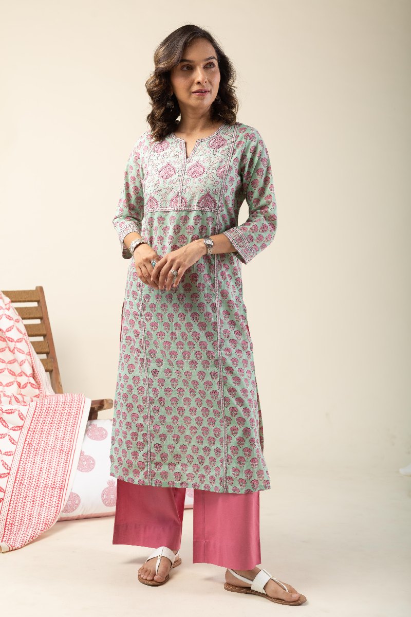 Image for Kusvaa Wkr133 Amara Cotton Handblock Kurta Sleeves