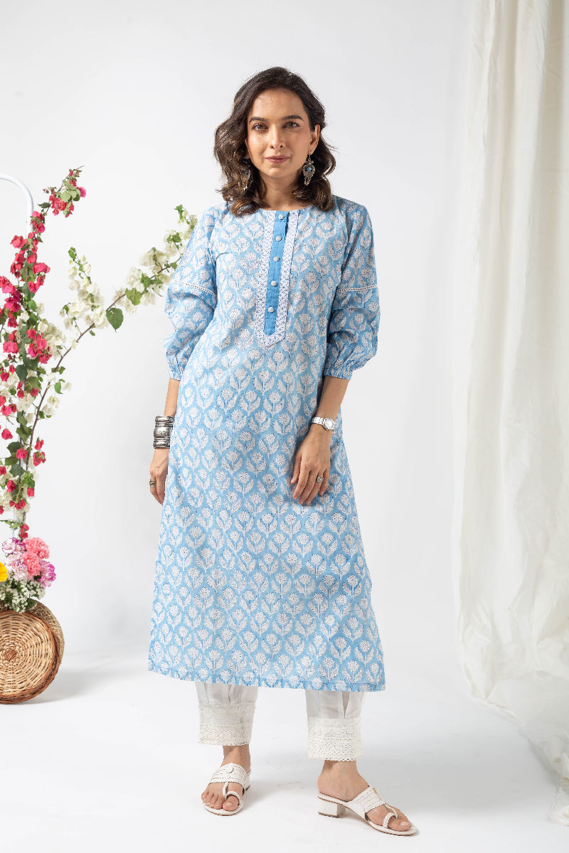 Image for Kusvaa Wkr134 Vani Cotton Handblock Print Kurta Closeup