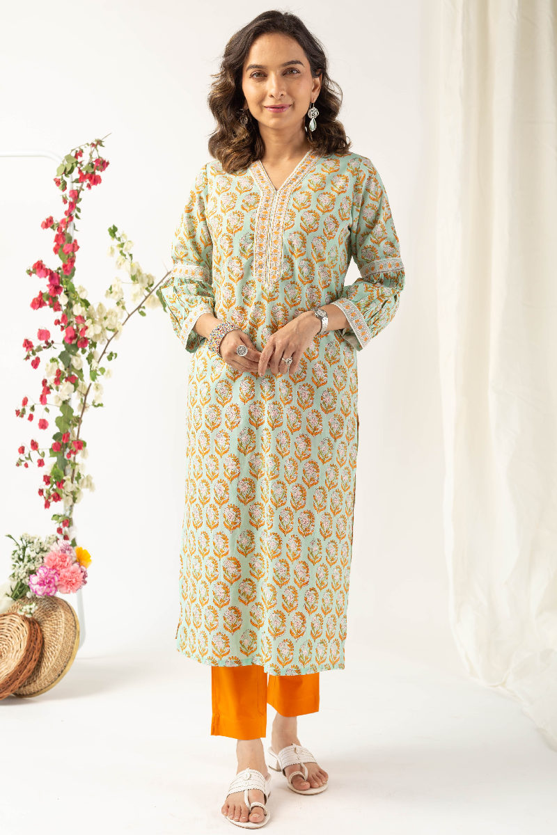 Image for Kusvaa Wkr138 Himani Cotton Handblock Kurta Closeup 3
