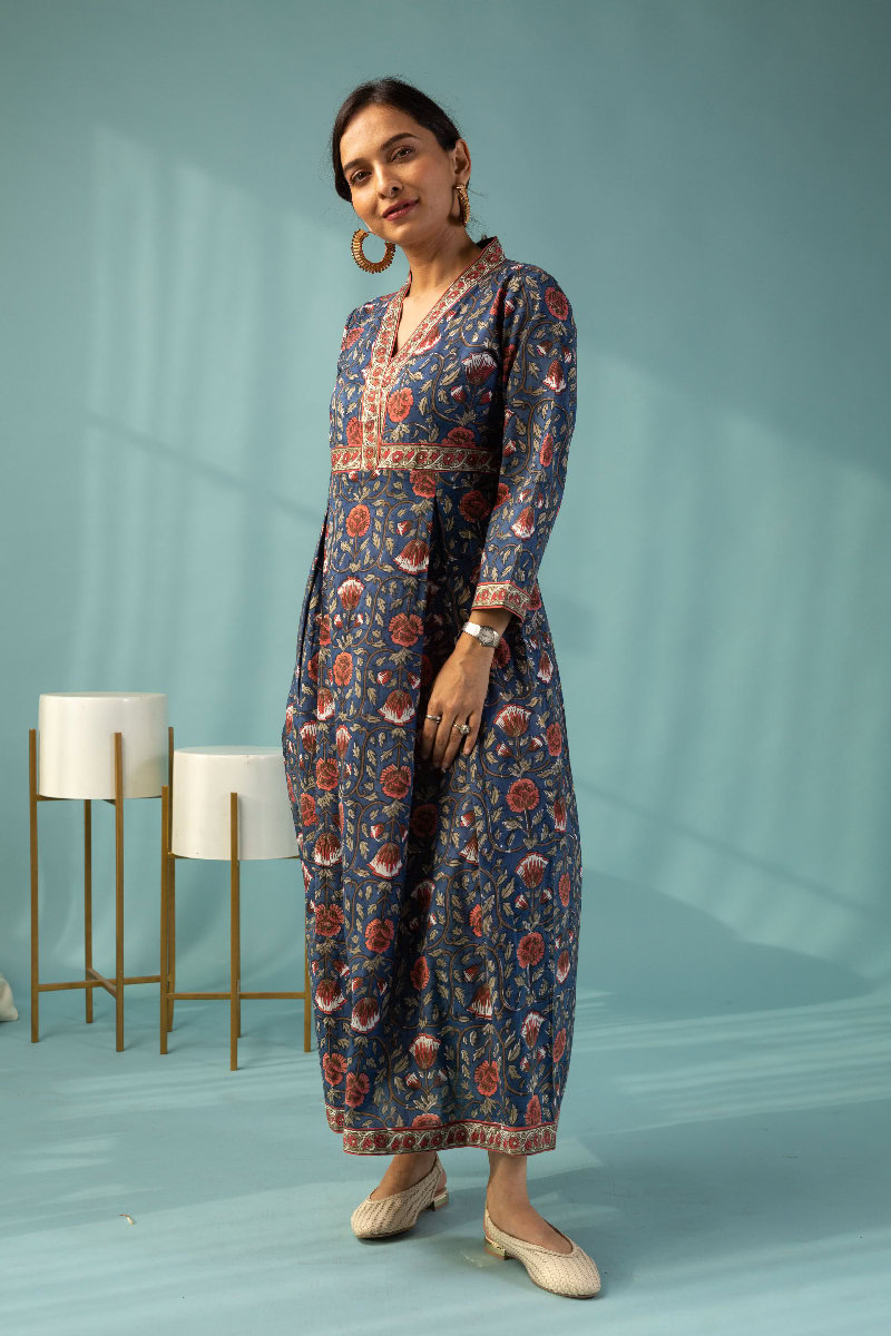 Image for Kusvaa Dr039 Prajkta Handblock Cotton A Line Dress Sleeves