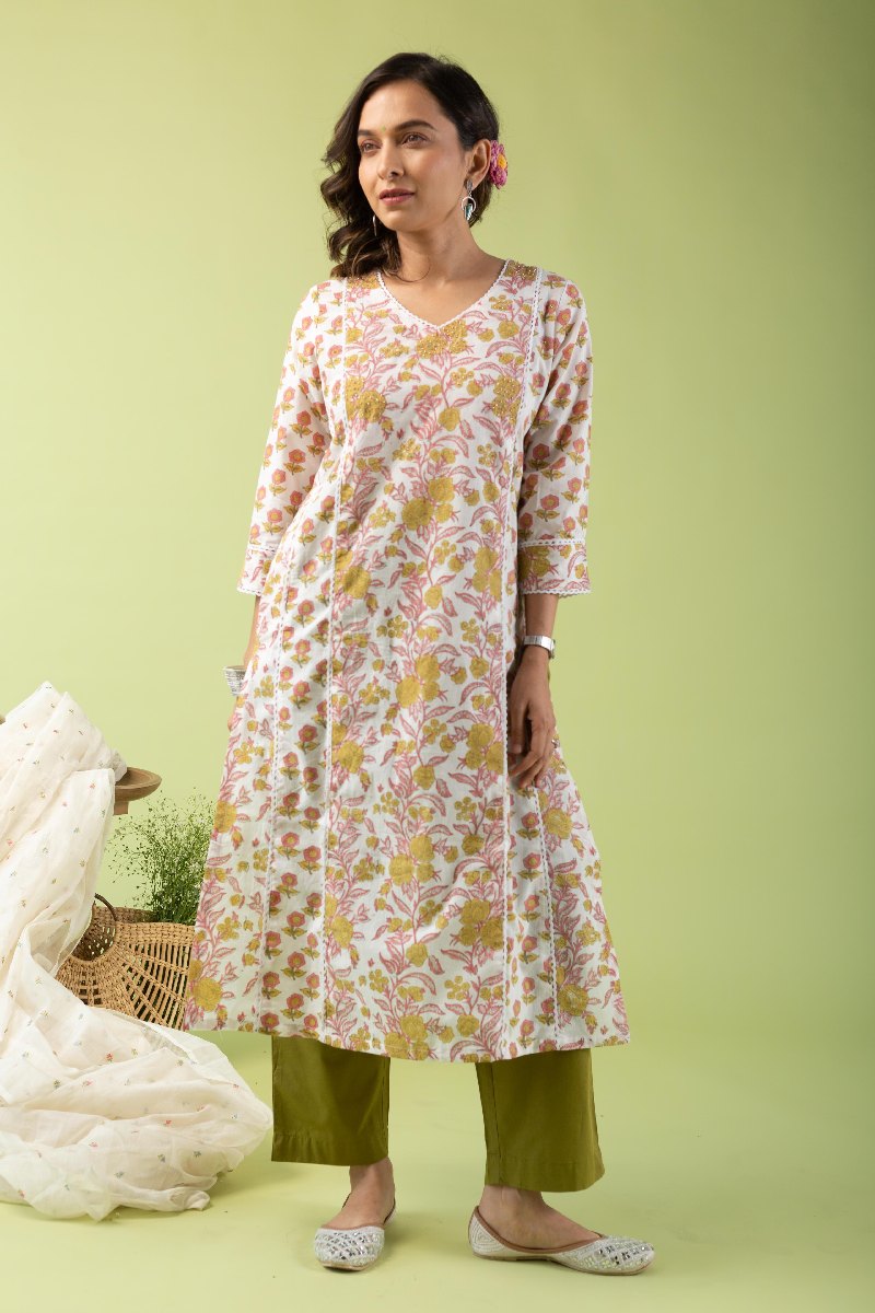 Image for Kusvaa Wkr148 Kartika Cotton Blockprint Kurta Sleeves