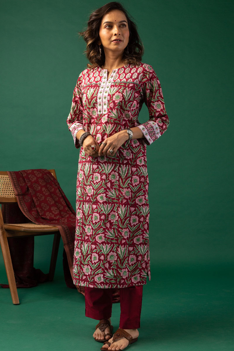 Image for Kusvaa Wkr153 Baishali Handblock Cotton Kurta Pocket