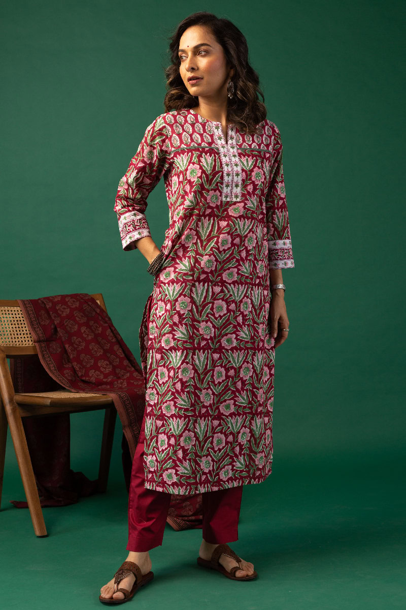 Image for Kusvaa Wkr153 Baishali Handblock Cotton Kurta Side