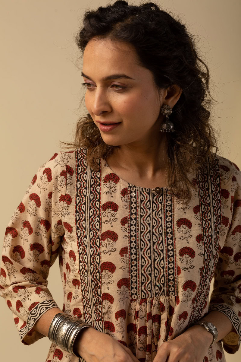 Image for Kusvaa Wkr154 Bina Handblock Cotton Kurta Neck