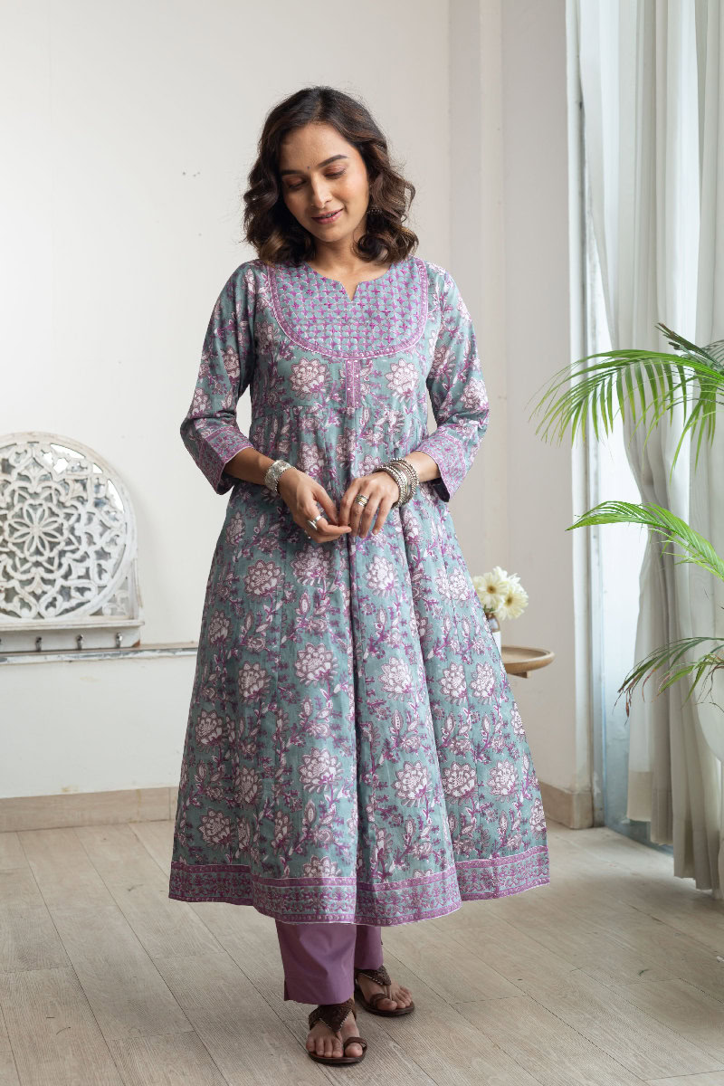 Image for Kusvaa Wkr171 Swara Cotton Handblock A Line Kurta Front