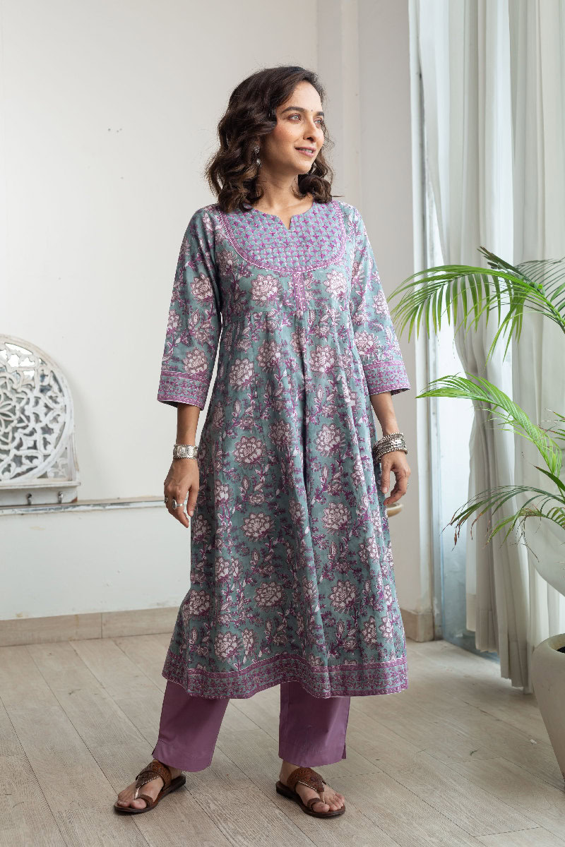 Image for Kusvaa Wkr171 Swara Cotton Handblock A Line Kurta Neck