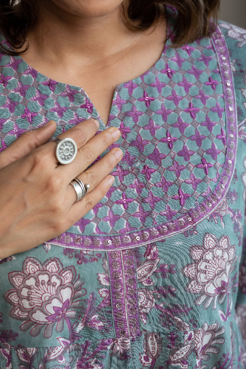 Image for Kusvaa Wkr171 Swara Cotton Handblock A Line Kurta Sleeves