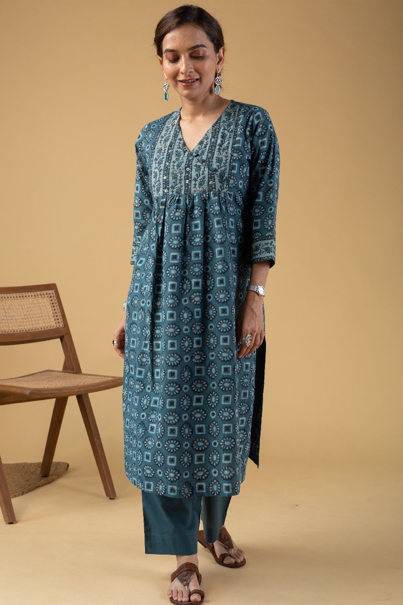 Image for Kusvaa Wkr190 Archana Cotton Block Print Kurta Closeup 4