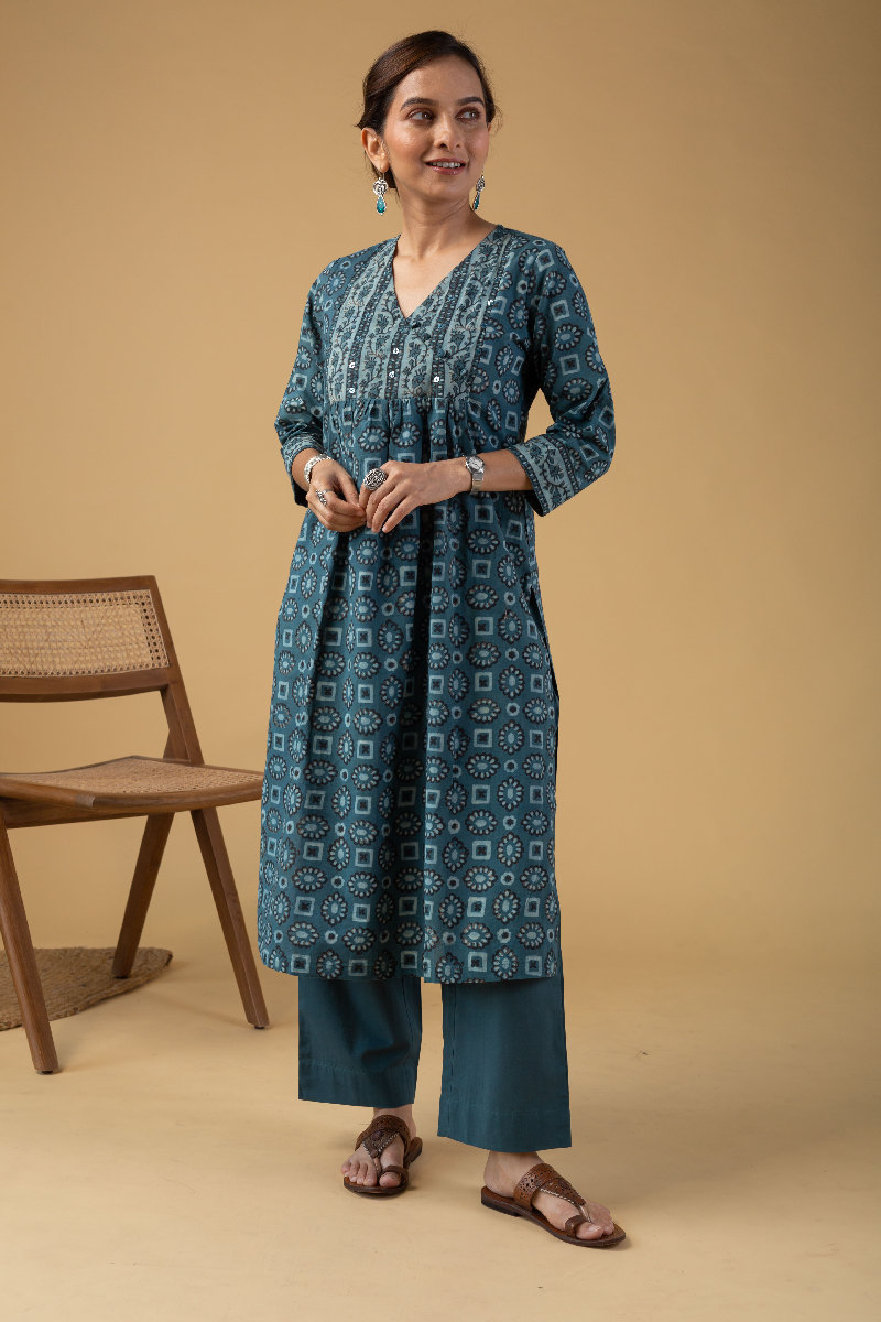 Image for Kusvaa Wkr190 Archana Cotton Block Print Kurta Neck