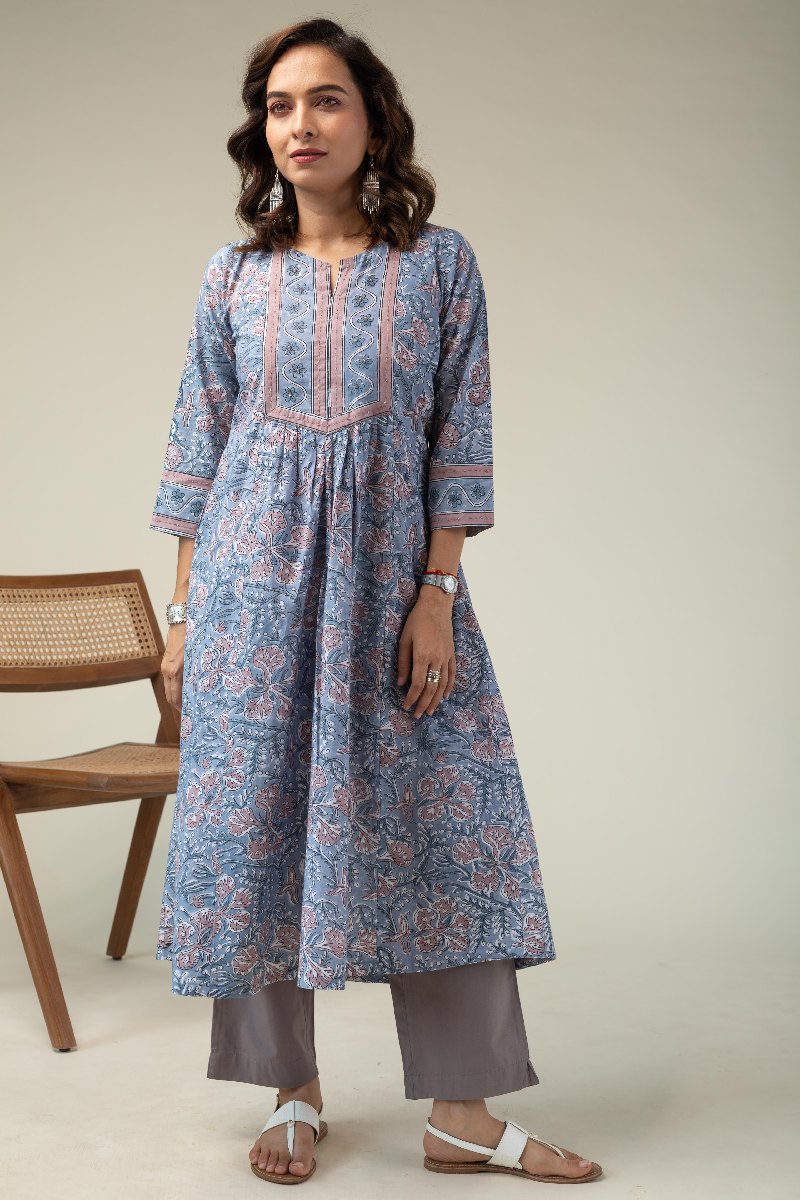 Image for Kusvaa Wkr194 Iravati Cotton Block Print Kurta Front New