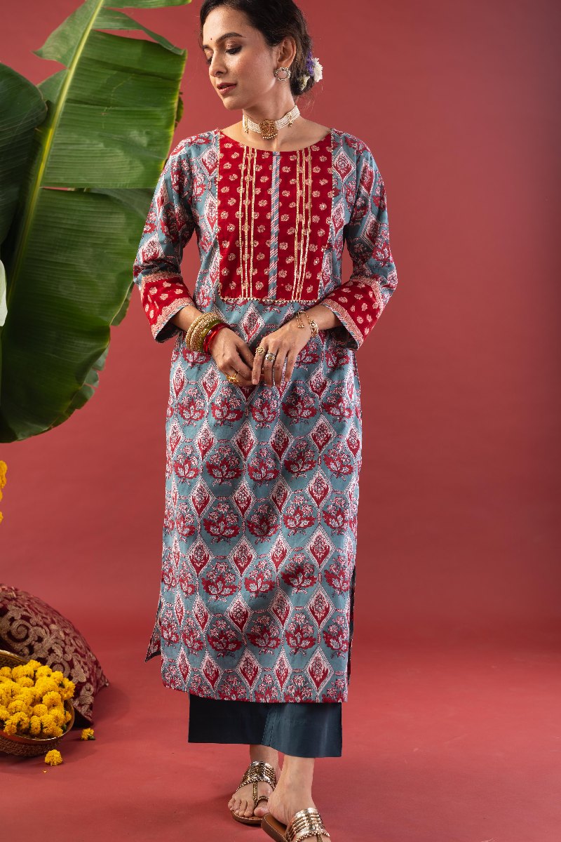 Image for Kusvaa Wkr216 Aradia Cotton Handblock Print Kurta Front