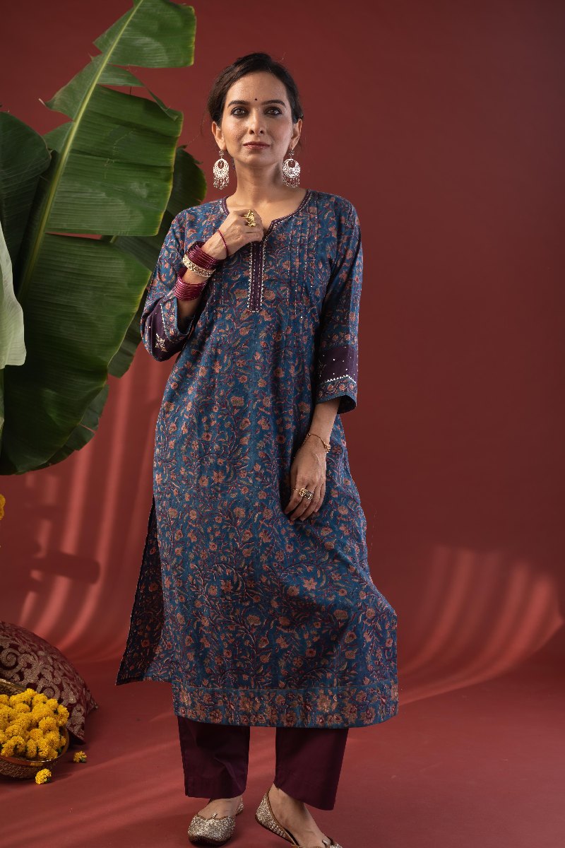 Image for Kusvaa Wkr218 Yukta Cotton Handblock Print Kurta Neck