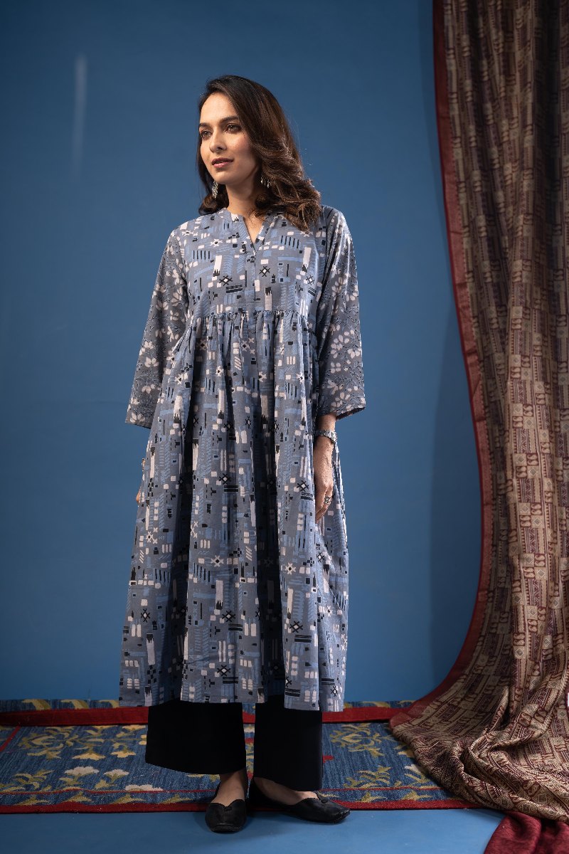 Image for Kusvaa Dr071 Kridha Handblock Cotton A Line Dress Neck