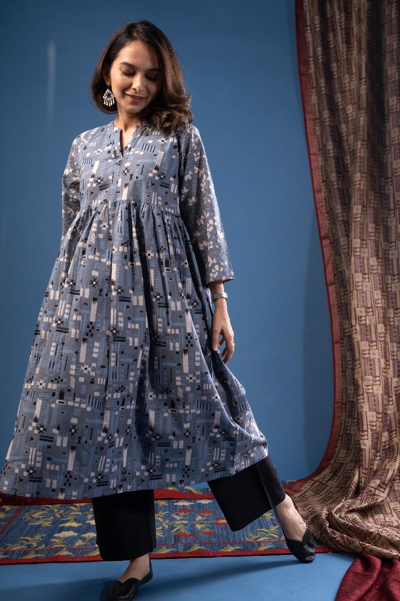 Image for Kusvaa Dr071 Kridha Handblock Cotton A Line Dress Side