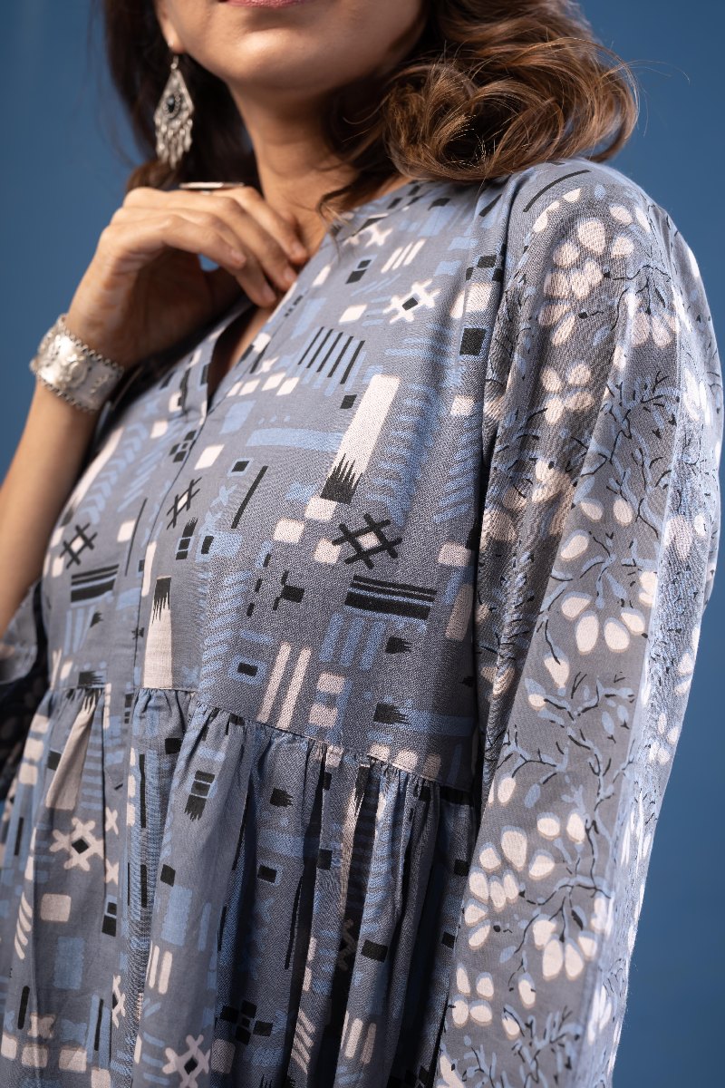 Image for Kusvaa Dr071 Kridha Handblock Cotton A Line Dress Sleeves
