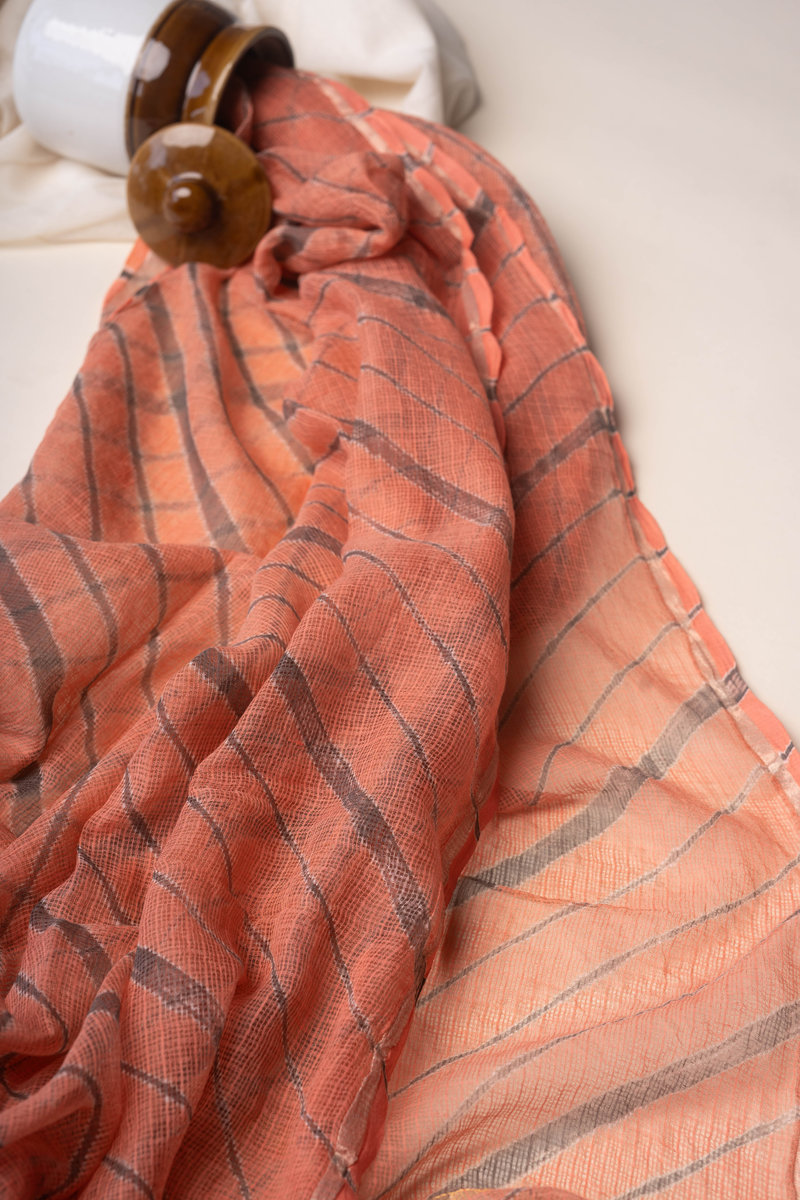 Image for Kusvaa Dup281 Peach And Grey Cotton Kota Doriya Dupatta Front
