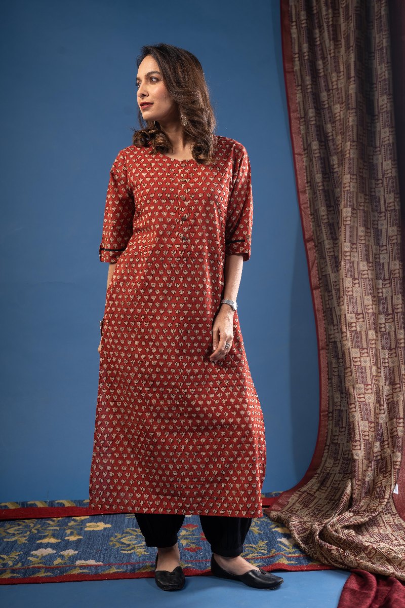 Image for Kusvaa Wkr228 Krita Cotton Handblock Print Kurta Front