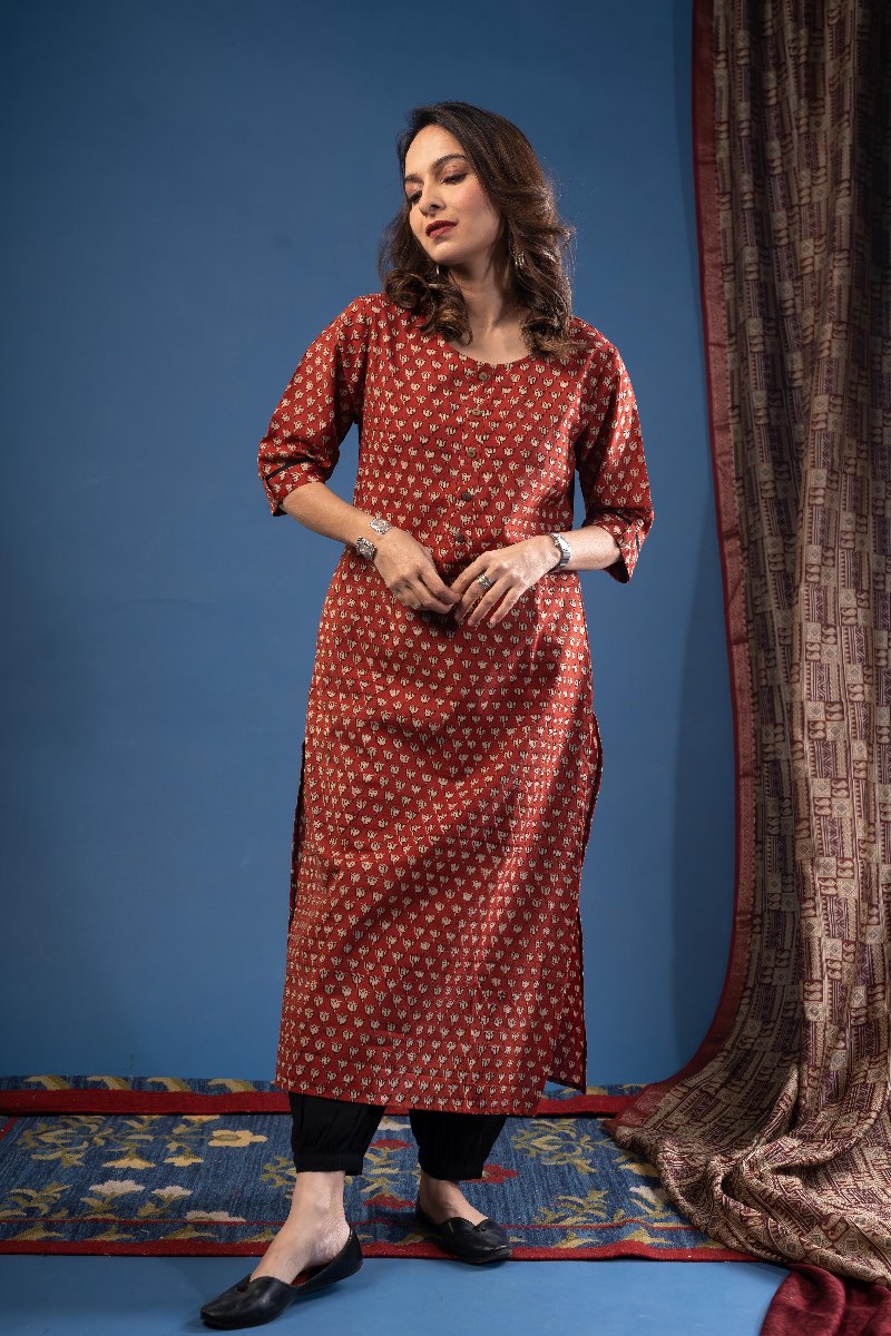 Image for Kusvaa Wkr228 Krita Cotton Handblock Print Kurta Side