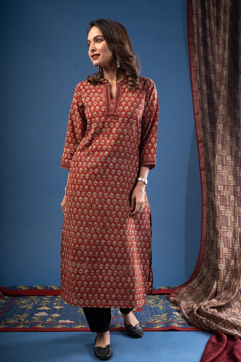 Image for Kusvaa Wkr229 Maitheli Cotton Handblock Kurta Closeup