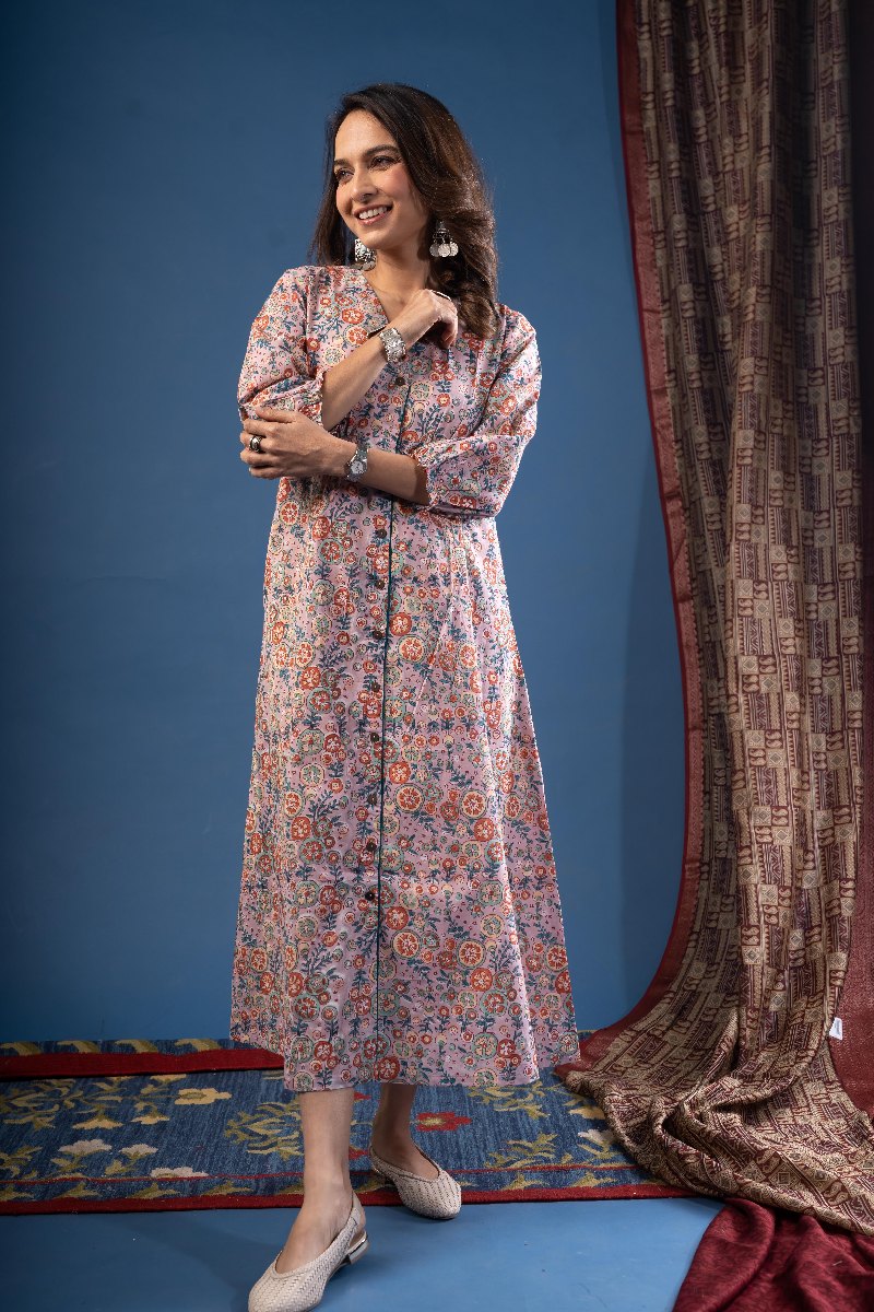 Image for Kusvaa Dr074 Piyali Handblock Cotton A Line Dress Neck