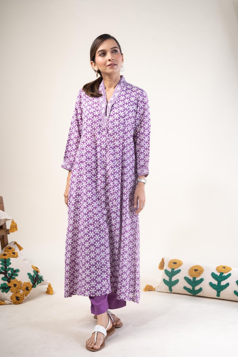 Image for Kusvaa Wkr235 Saira Modal Handblock Kurta Side New