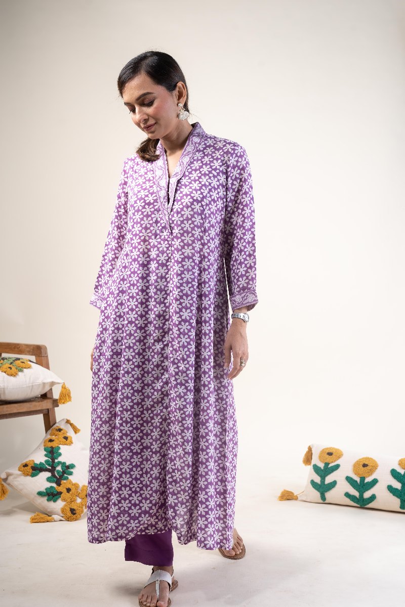 Image for Kusvaa Wkr235 Saira Modal Handblock Kurta Sitting New