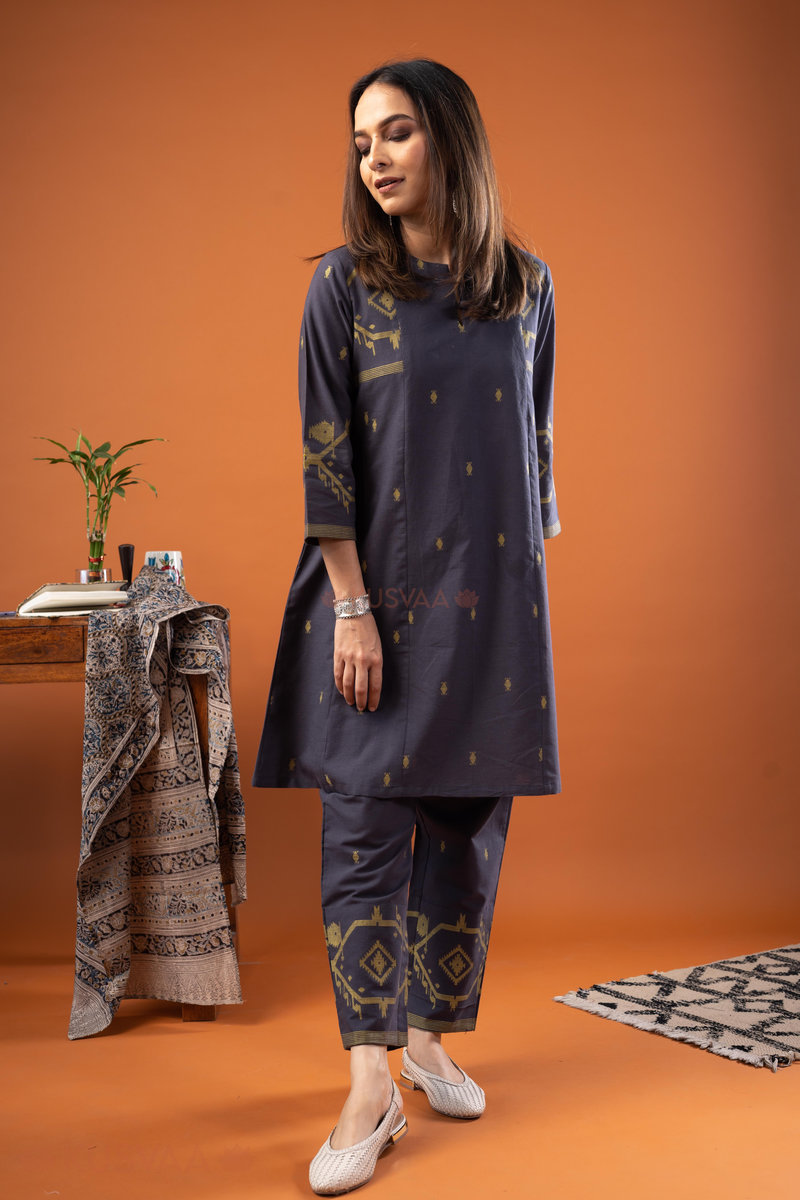Image for Kusvaa Cood126 Ziva Handloom Cotton Kurta Pant Set Neck