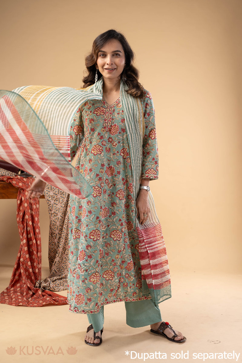 Image for Kusvaa Wkr257 Ashir Cotton Handblock Print Kurta Sleeves