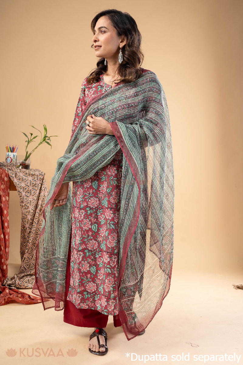 Image for Kusvaa Wkr258 Arohini Cotton Handblock Print Kurta Closeup 3