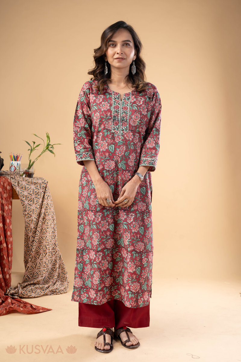 Image for Kusvaa Wkr258 Arohini Cotton Handblock Print Kurta Front