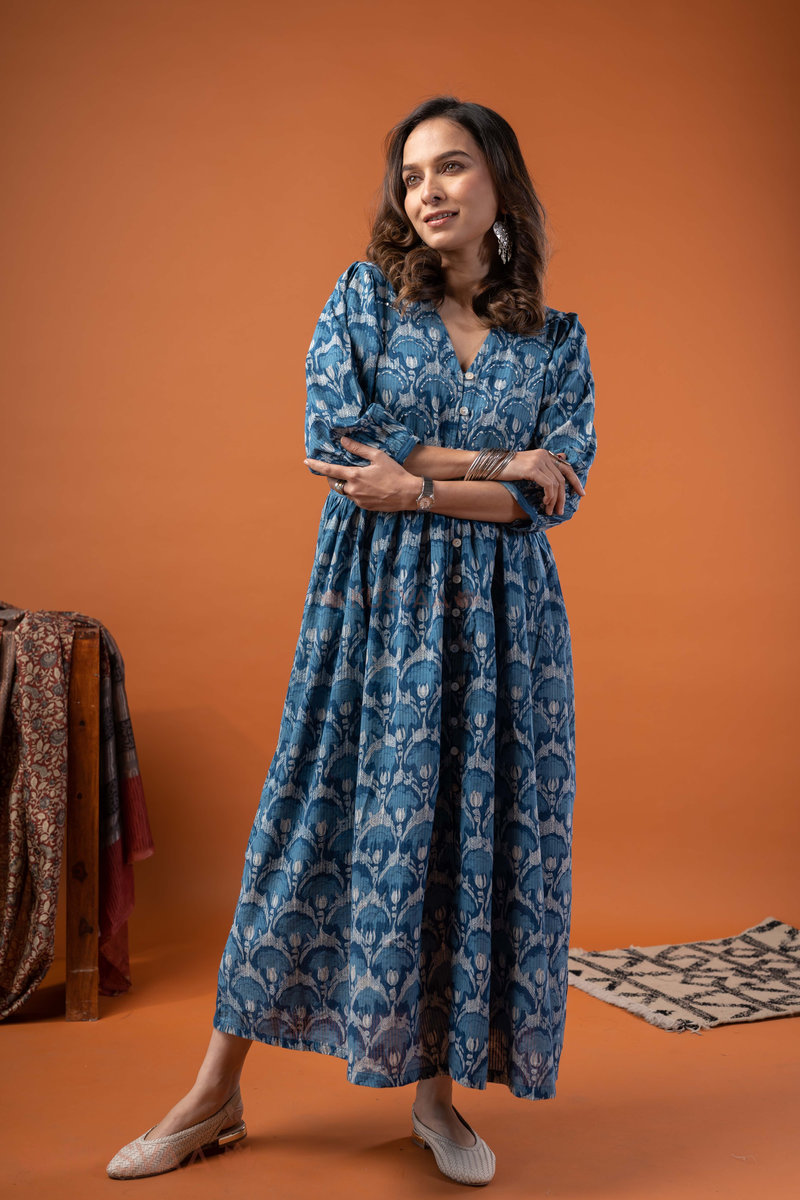 Image for Kusvaa Dr081 Yashvika Handblock Cotton A Line Dress Side