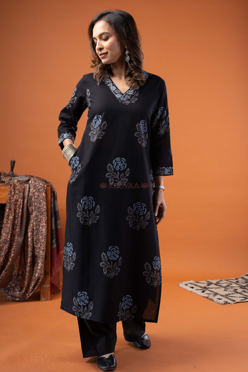 Image for Kusvaa Wkr260 Virika Cotton Handblock Print Kurta Pocket