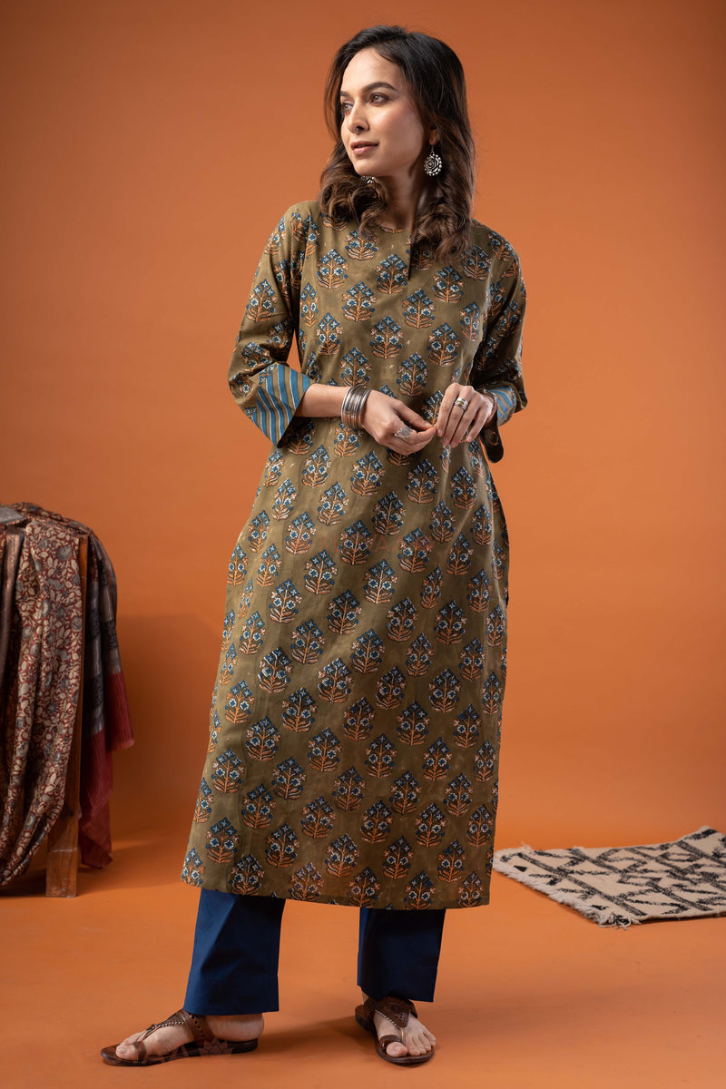 Image for Kusvaa Wkr268 Bismita Cotton Handblock Print Kurta Front