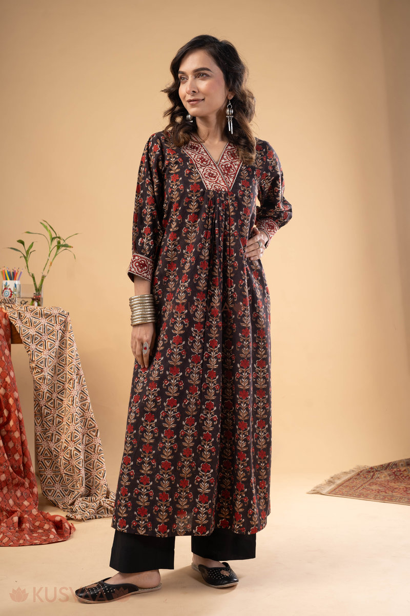 Image for Kusvaa Wkr273 Snigdha Cotton Handblock Print Kurta Pocket