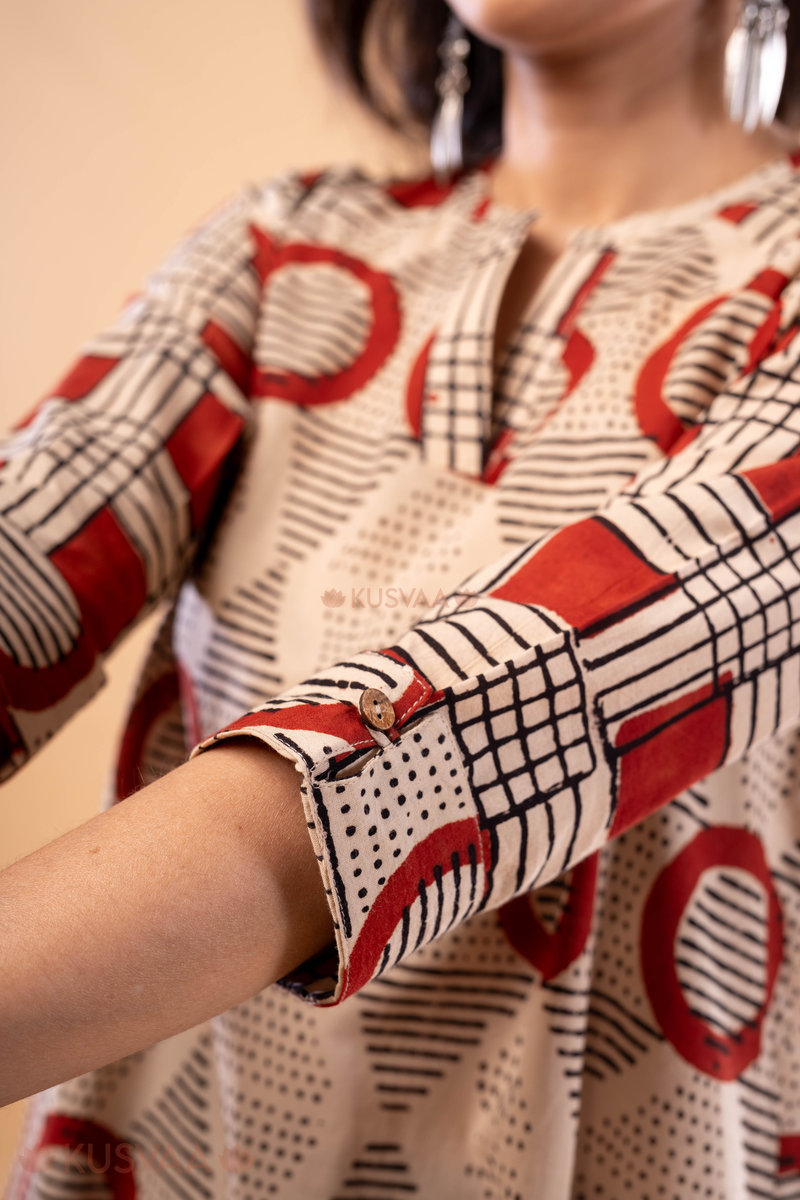 Image for Kusvaa Wkr279 Sharvani Cotton Handblock Print Kurta Closeup 2