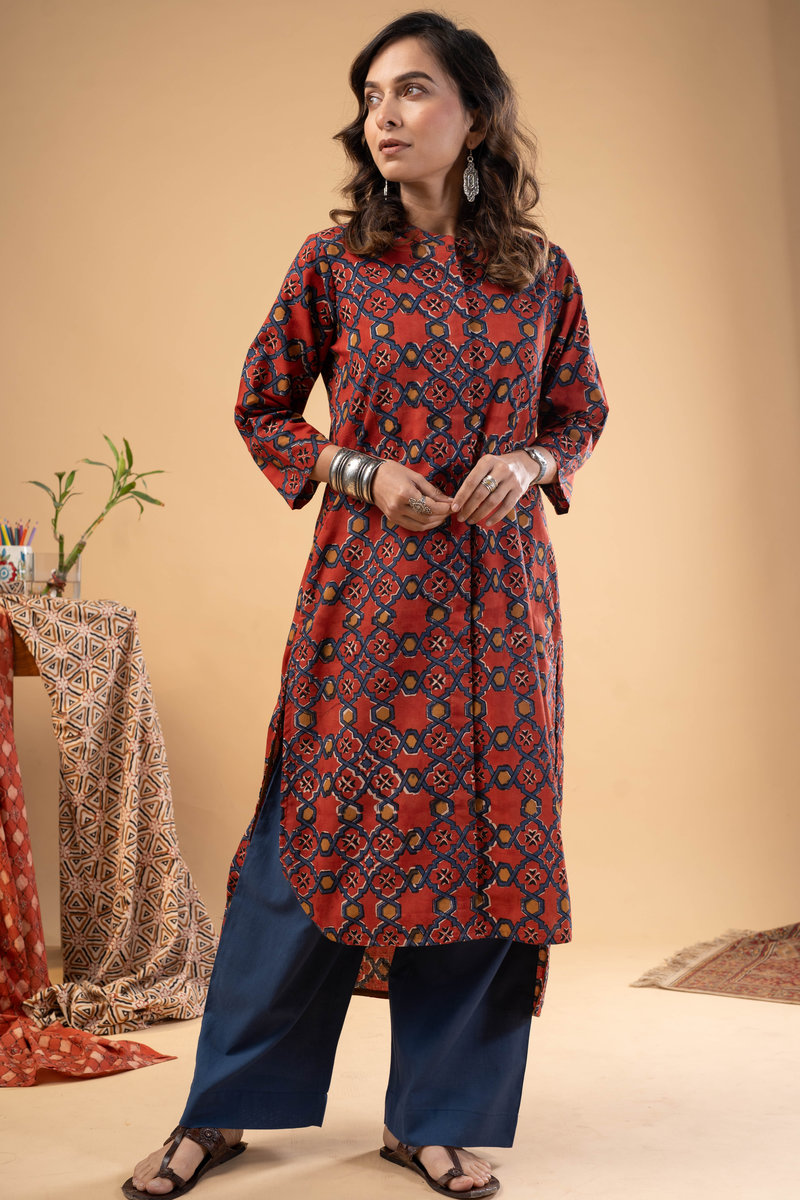 Image for Kusvaa Wkr280 Ridanshi Cotton Handblock Print Kurta Front