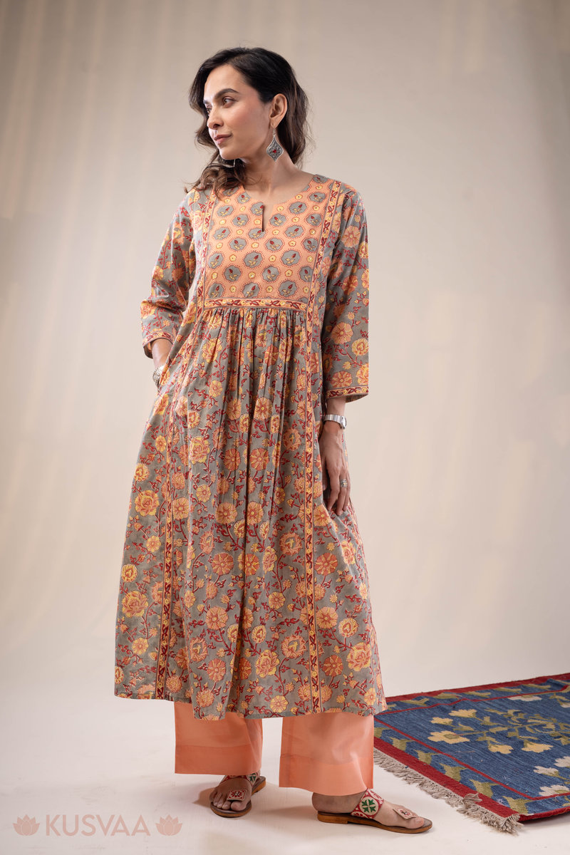 Image for Kusvaa Wkr282 Joya Cotton Handblock Print Kurta Pocket
