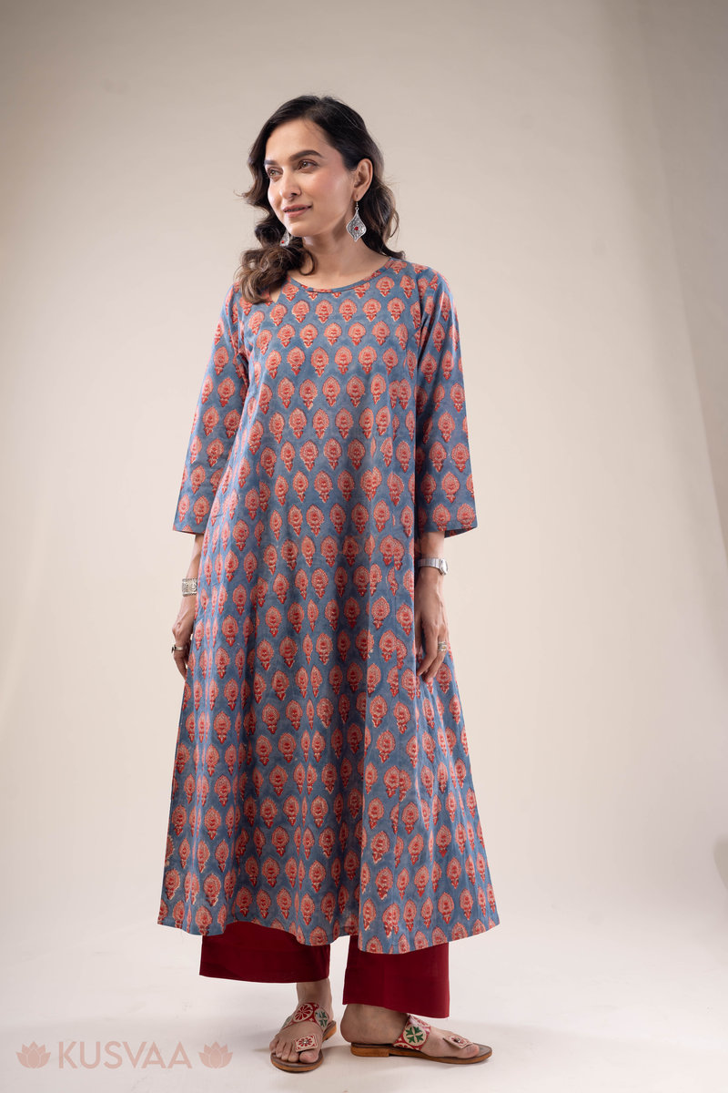 Image for Kusvaa Wkr288 Gunjan Handblock Cotton A Line Dress Front