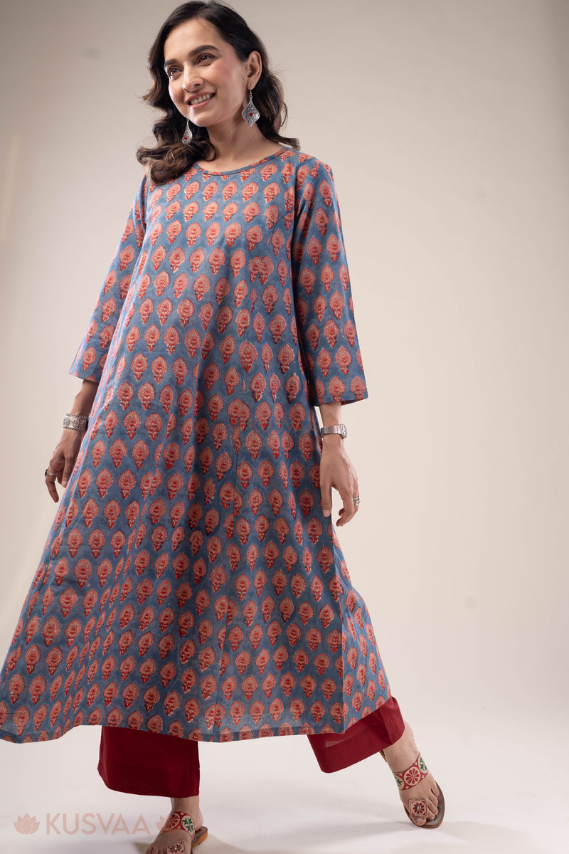Image for Kusvaa Wkr288 Gunjan Handblock Cotton A Line Dress Pocket