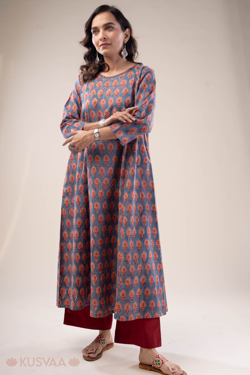 Image for Kusvaa Wkr288 Gunjan Handblock Cotton A Line Dress Side