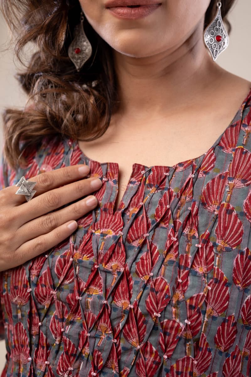 Image for Kusvaa Wkr293 Likha Handblock Print Cotton Kurta Closeup