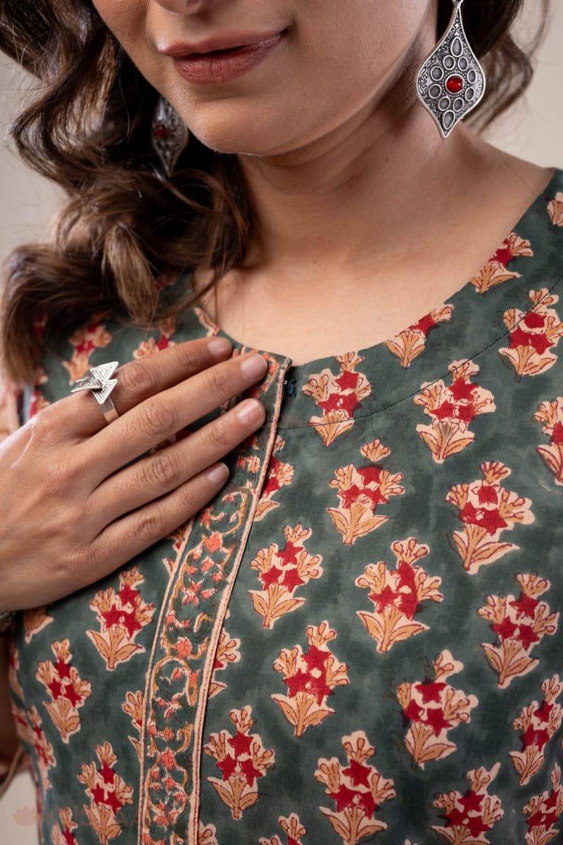 Image for Kusvaa Wkr300 Prita Handblock Cotton A Line Kurta Closeup