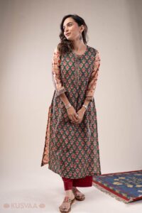 Image for Kusvaa Wkr300 Prita Handblock Cotton A Line Kurta Front