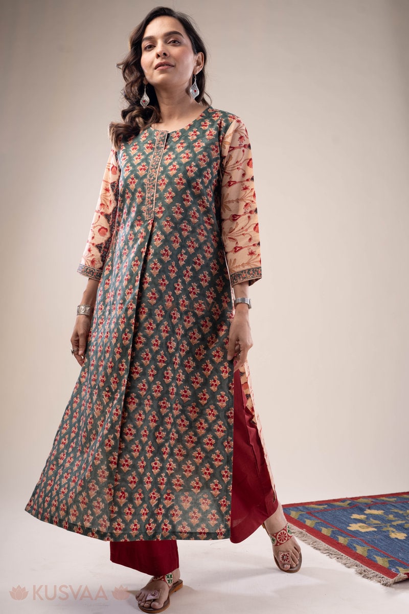 Image for Kusvaa Wkr300 Prita Handblock Cotton A Line Kurta Pocket